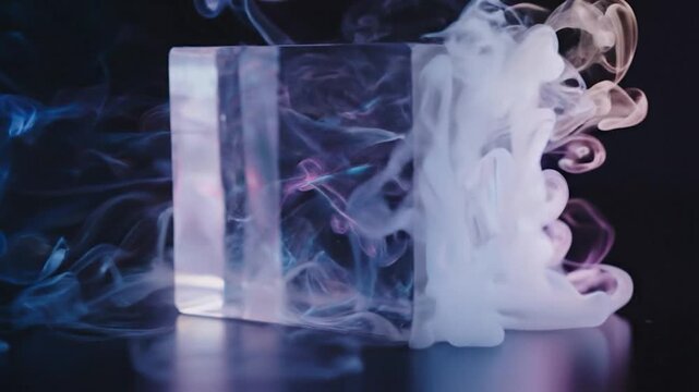 Smoke trapped in a glass cube on a dark background