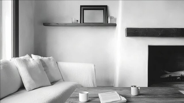 This is a neatly arranged living room with modern furniture and decorations, featuring monochrome photography.