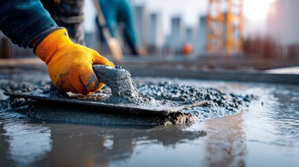 Construction worker smoothing wet concrete with trowel on building site