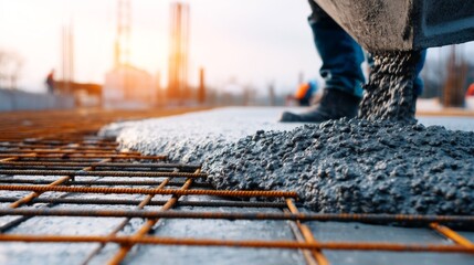 Cement pouring on rebar at construction site during sunset