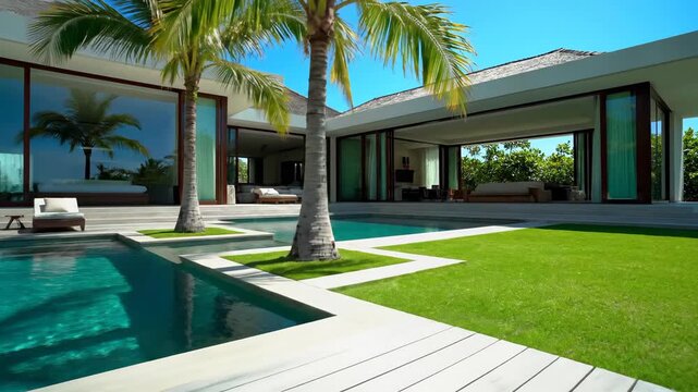 Tropical luxury villa with pool, palm trees, and modern architecture under a bright blue sky