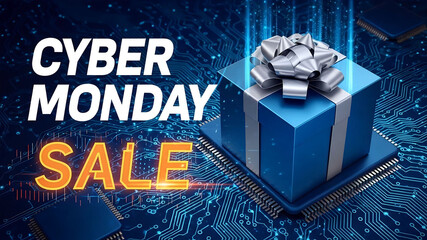 Cyber Monday Sale promotional banner featuring a gift box and electronic circuit board. Concept of online shopping, technology discounts, e-commerce sales, and digital retail offers.