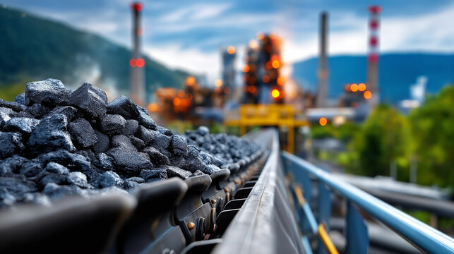 High detail image of conveyor belt transporting freshly mined black coal with steel factory backdrop, industrial smokestacks and processing equipment in defocused background, with 