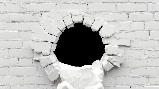 Damaged white brick wall with a large hole and broken bricks.