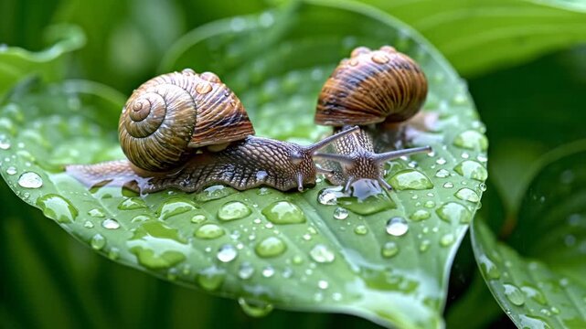 Two brown-shelled snails crawl on a glistening green leaf covered in raindrops