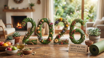 Natural holiday table arrangement with woven foliage numbers, dried flowers and cozy wellness scene, New Year 2026 Resolutions, Holistic Wellness