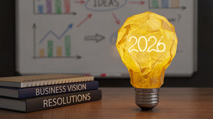 2026 light bulb inspiration glowing on desk with business vision and resolutions books, hopeful planning and idea spark, New Ideas, Strategic Planning, Corporate Goals