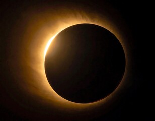 Luminous total solar eclipse in dark sky. Golden halo of light. Corona