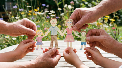 Paper doll family holding hands in sunny garden, multigenerational support and joyful connection, Family unity, Cooperation and teamwork, Inclusion and support