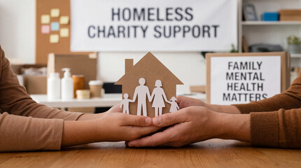 Family support mental health shelter, homeless charity support, family holding house cutout, caring hands protect family, Family welfare, Mental health awareness, Housing stability