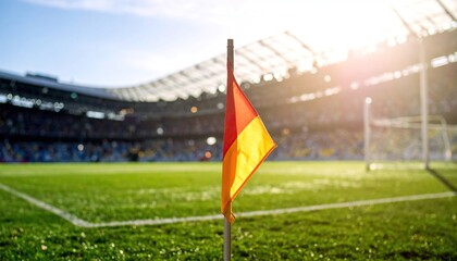 Football Stadium Corner Flag with German Flag Colors on Green Pitch During Sunny Match Day. Blurred Goal and Stands.