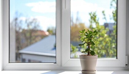 Jade plant in pot on bright windowsill