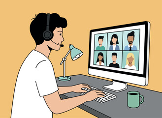 Vector illustration of a man with headset using a computer for a group video call at a desk. Concept of remote work, telecommunication, and digital collaboration