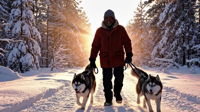 A man walks two huskies through a snow-covered forest as the sun rises in the background. These huskies and the man's presence create a peaceful winter scene filled with natural beauty.