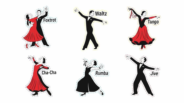 Dancing couples performing various styles including Foxtrot and Tango  