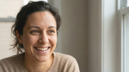 Woman exuding bright happiness while smiling with genuine joy in a well-lit indoor setting