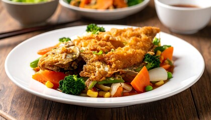 Fried fish dish with bright vegetables in a sauce, displayed on a white plate, resting on a wooden table