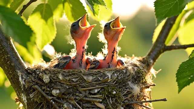 Two hungry baby birds in a nest with open beaks, surrounded by leaves and branches in sunlight