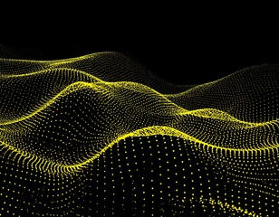 Luminous yellow dots form abstract, undulating hills against a stark black backdrop. Sparse and captivating visual rhythm