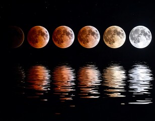 Lunar eclipse phases, reflected in water, transition from darkness to bright light, stars visible in the dark sky