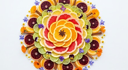 Fruit Mandala: An artful arrangement of vibrant citrus fruits and blossoms create a stunning, intricate mandala design, celebrating the beauty of nature and fresh ingredients.