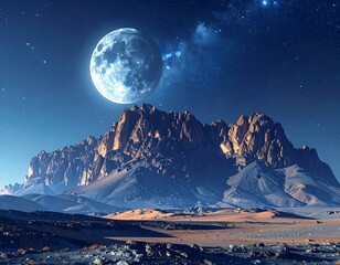 Lunar landscape features mountains under a bright moon, a starry sky, and a dry rocky desert area