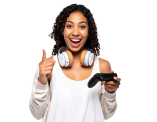 Woman holds game controller with headset
