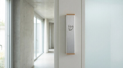 Modern mezuzah case on a doorway