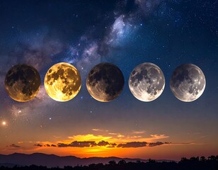 Lunar phases sequence over a landscape at sunrise/sunset with the Milky Way visible in the starry night sky above