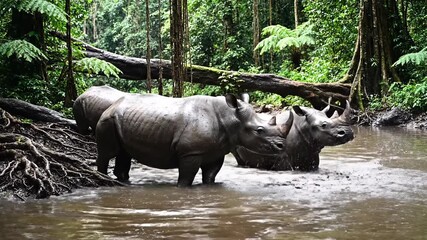 Two rhinoceroses bathe in a murky river in a lush, green rainforest setting