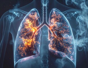 Lungs in an x-ray format with internal details highlighted in orange against a blue-tinted background, with smoke