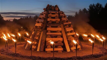Up Helly Aa ceremonial wooden torch pyramid before the fiery festival at twilight forest edge
