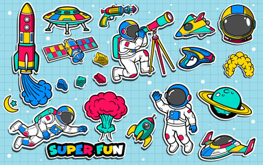 Set of colorful space and astronaut sticker art vector illustration
