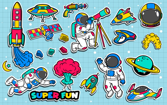 Set of colorful space and astronaut sticker art vector illustration