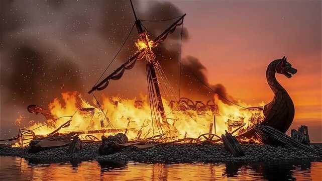 Viking longship burning in fiery blaze at sunset, Up Helly Aa festival tribute, symbolizing ancient Norse tradition