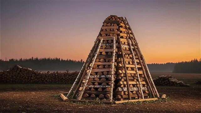 Up Helly Aa wood stack pyramid at sunset, traditional festival fire setup, rural field background