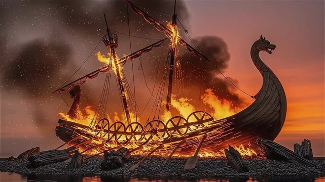 Burning Viking longship in flames, historical Up Helly Aa festival maritime scene at sunset