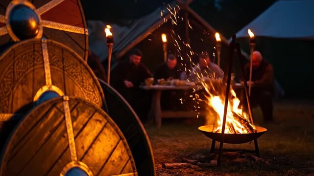 Viking shields with intricate designs glowing by firelight in dark festival night, representing Up Helly Aa celebration