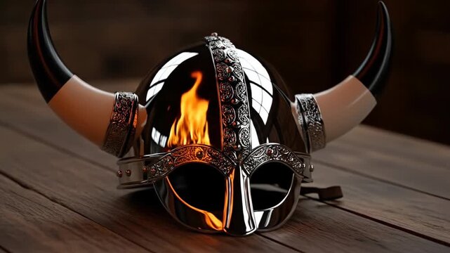Viking helmet with flames reflecting on metal surface, symbolizing Up Helly Aa fire festival spirit in warm indoor setting