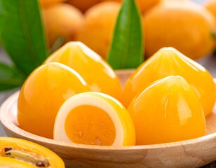 Luscious yellow fruit with green leaves rests on a wooden plate, showcasing texture and vibrant colors