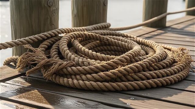 Coiled thick rope in natural light on wooden dock, maritime and nautical theme for Up Helly Aa festival preparations