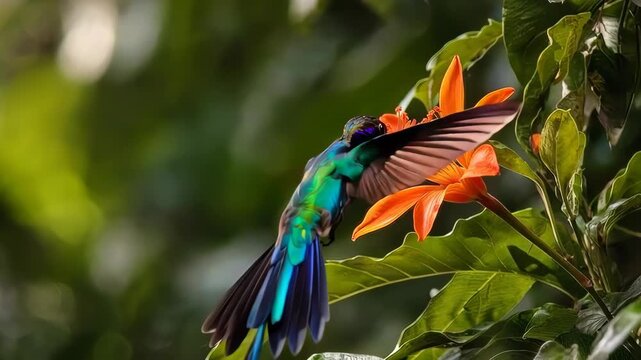 Vibrant hummingbird drinks nectar from an orange flower in lush green foliage.