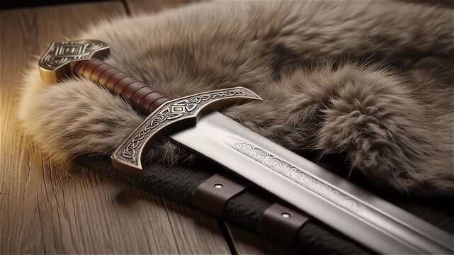 Viking sword with ornate engravings on fur background, symbolizing Up Helly Aa heritage and Norse warrior culture