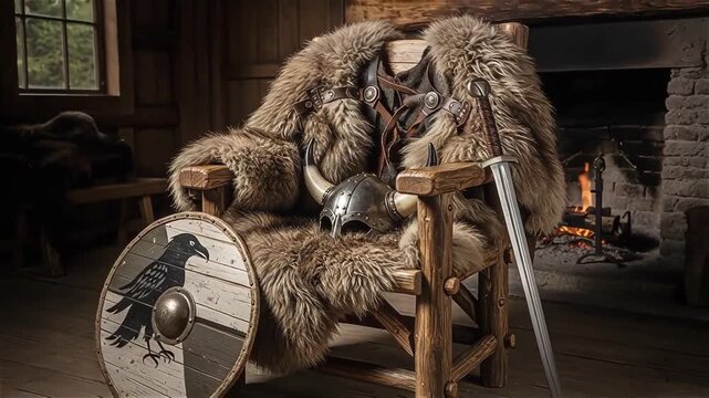 Viking warrior armor and weapons display with fur cape by fire in Up Helly Aa theme