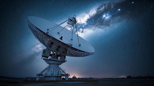 A cinematic view of a large radio telescope array pointed at the magnificent Milky Way galaxy in a clear, starry night sky