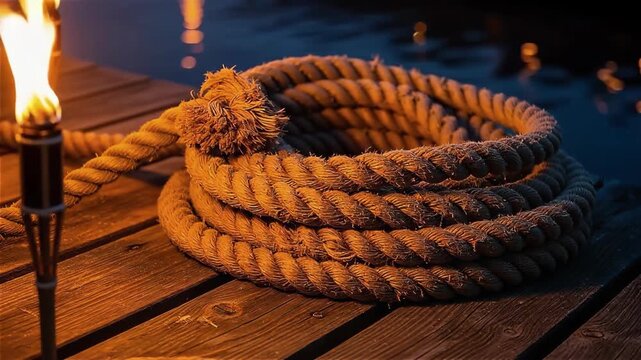 Coiled thick rope on wooden pier by torchlight at night, symbolizing maritime festival Up Helly Aa tradition