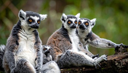 Fototapeta premium Group of lemurs with striking orange eyes rest on a mossy branch with a blurred forest backdrop