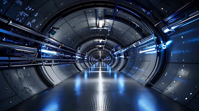A forward dolly shot through a futuristic, high-tech metallic tunnel, illuminated by glowing blue lights on the sides
