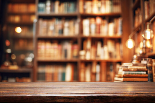 本棚を背景にした木製テーブル
