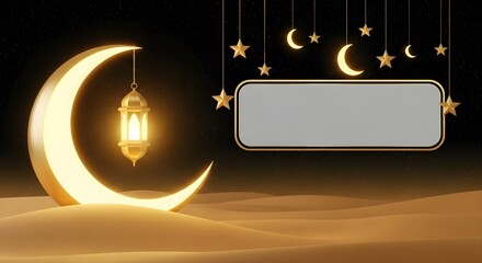 Golden ramadan themed background with moons, stars, lantern, banner, and sand dunes. Perfect for festive designs, banners, posters, social media.